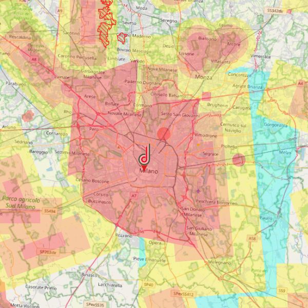 Immagine delle zone rosse sopra milano